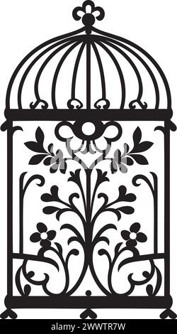 Bird cages silhouettes. Black wall decals with flying birds in cages, minimalistic decorative art for interior, vintage birdcages, ornamental bird cag Stock Vector