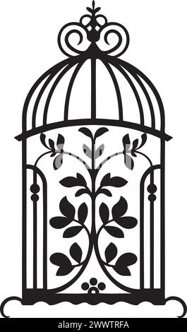 Bird cages silhouettes. Black wall decals with flying birds in cages, minimalistic decorative art for interior, vintage birdcages, ornamental bird cag Stock Vector