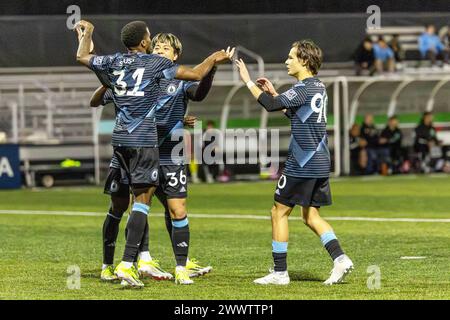 Twquilla, Washington, USA. 24th Mar, 2024. Tacoma Defiance player TRAVIN SOUSA #31, YU TSUKANOME #36, and SEBASTIAN GOMEZ #90 celebrate a goal scored in the 2nd half of the game, Tacoma Defiance vs Colorado Rapids, with a game ending score of 4-2 on 3-24-22. (Credit Image: © Melissa Levin/ZUMA Press Wire) EDITORIAL USAGE ONLY! Not for Commercial USAGE! Stock Photo