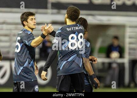 Twquilla, Washington, USA. 24th Mar, 2024. Tacoma Defiance player T KALANI KOSA-RENZI #85 and RAYSAL BETTACHE #88 celebrate a goal scored in the 2nd half of the game, Tacoma Defiance vs Colorado Rapids, with a game ending score of 4-2 on 3-24-22. (Credit Image: © Melissa Levin/ZUMA Press Wire) EDITORIAL USAGE ONLY! Not for Commercial USAGE! Stock Photo