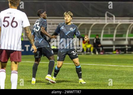 Twquilla, Washington, USA. 24th Mar, 2024. Tacoma Defiance player TRAVIN SOUSA #31and YU TSUKANOME #36 celebrate a goal scored in the 2nd half of the game, Tacoma Defiance vs Colorado Rapids, with a game ending score of 4-2 on 3-24-22. (Credit Image: © Melissa Levin/ZUMA Press Wire) EDITORIAL USAGE ONLY! Not for Commercial USAGE! Stock Photo