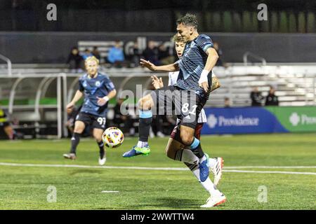 Twquilla, Washington, USA. 24th Mar, 2024. Tacoma Defiance player GIL MIGLIETTI #81 jumps in for ball possession on a player pass, moving towards the net, in the 2nd half of the game, Tacoma Defiance vs Colorado Rapids, with a game ending score of 4-2 on 3-24-22. (Credit Image: © Melissa Levin/ZUMA Press Wire) EDITORIAL USAGE ONLY! Not for Commercial USAGE! Stock Photo