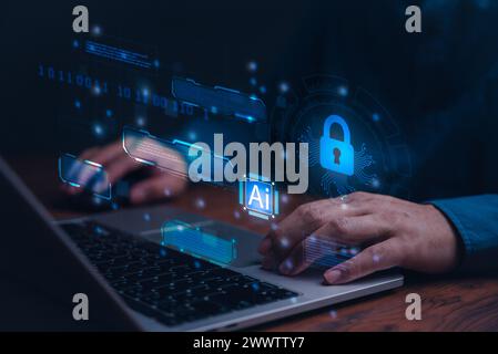 Cybersecurity, digital technology and artificial intelligence AI are concepts associated with data privacy, crime, and internet threats. Stock Photo