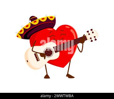 Cartoon love heart musician character in mexican sombrero playing guitar. Isolated vector cute romantic mariachi heart personage celebrate Cinco de Ma Stock Vector