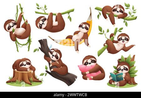 Cartoon cute lazy sloth animal characters sleeping, hanging and climbing on tree branches and rainforest lianas. Vector personages set of happy sloth Stock Vector