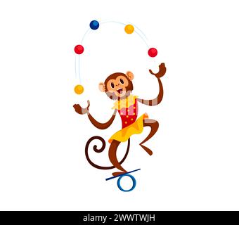 Cartoon shapito circus juggling monkey animal clad in a colorful dress, captivates the audience, skillfully tossing balls in the air with agile moveme Stock Vector