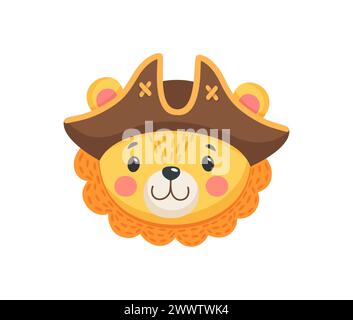 Cartoon cute lion animal pirate and corsair face. Sailor and captain, skipper and boatswain kawaii character. Isolated vector personage for baby showe Stock Vector