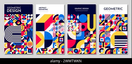 Abstract template posters with bauhaus geometric pattern. Modern vector backgrounds, covers with retro minimal geometry shapes, forms, lines in vibran Stock Vector