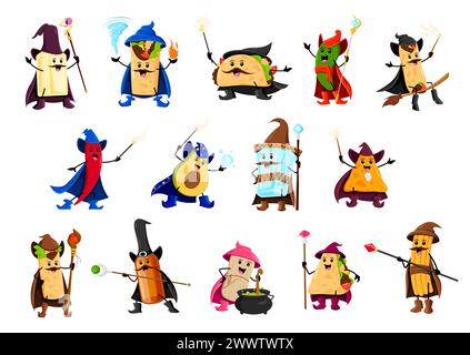 Cartoon Halloween tex mex food wizard and mage characters. Vector tequila, tacos, burrito or jalapeno pepper. Enchiladas, avocado or pulque and mezcal Stock Vector