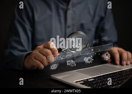 AI artificial intelligence conversation chats data robot. Businessman using a computer to search for prompts with generate software in modern technolo Stock Photo