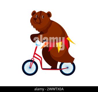 Cartoon shapito circus bear animal cycling on bicycle. Isolated cute vector personage in a colorful outfit, pedals a small bike with balance, delighti Stock Vector