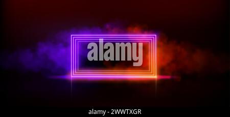 Neon rectangle frame with smoke on water surface. Rectangular glowing ...
