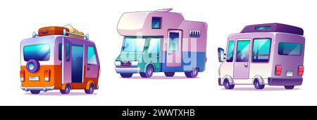 Camper van front and back view with baggage. Cute caravan rv car with luggage for recreational journey. Cartoon vector set of trailer for family travel and outside vacation. Motorhome tourism concept. Stock Vector