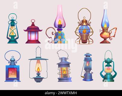 Old oil lamp, gas or kerosene camp lantern vector set. Antique light with fire isolated design. Vintage garden and camping portable outdoor warning flame. Safety miner hanging brass equipment Stock Vector