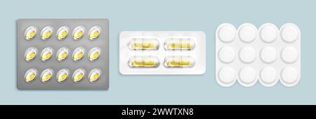 Pill blister with medicines. Realistic 3d vector mockup set of foil transparent and white package with tablets and capsules. Plastic pharmaceutical storage box with drugs. Medication container. Stock Vector