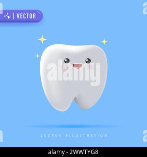 3D realistic happy tooth vector illustration. Cartoon dental character. Cute dentist mascot. Oral health and dental inspection teeth. Medical dentist Stock Vector