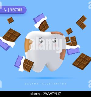 Tooth Decay Vector Illustration for Children Dental Clinic Poster Template Design. Cracked or Broken Teeth Illustration. Dental Plague Character. Dent Stock Vector