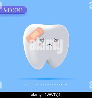 3D Realistic Sad Tooth with Plaster Isolated on Blue Background, Toothache Cartoon Character Concept Vector Illustration. Tooth Disease Design. Pain T Stock Vector