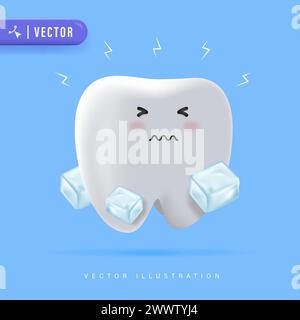 3D Realistic Sensitive Teeth Cartoon Character with Ice Cube Vector Illustration.  Dental Care Concept. Stock Vector