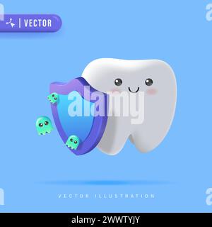 3D Realistic Healthy and Cute Tooth Cartoon Character Holding Shield from Germs and Microbe Vector Illustration.  Anti-Caries Protection Concept Stock Vector