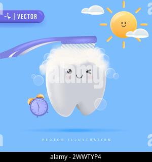 Happy White Tooth Cleaning with Brush Vector Illustration. Morning Routine Brushing Teeth Concept. Oral Hygiene Concept for Kids. Healthy Tooth Charac Stock Vector