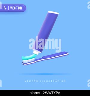 Purple Toothbrush with toothpaste isolated on Blue Background. Dental Hygiene Stock Vector