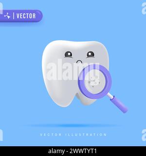 Happy Healthy Tooth Character with Magnifying Glass Vector Illustration. Clean and White Tooth Cartoon. Dentistry Clean White Tooth and Dentistry Inst Stock Vector