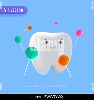 Cute Tooth Characters Feel Bad in Flat Style. Unhealthy Teeth Plaque and Caries Hole with Colorful Candy. Illustration for Children. Dental and Dentis Stock Vector