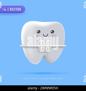 3D Realistic Tooth Braces Vector Illustration. Orthodontic Dentistry. Stock Vector