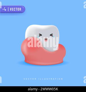 3D Cute Cartoon Tooth Character with Gum Problem  Vector Illustration. Swolen Gum Concept. Illustrstion of Gum Disease. Periodontal Disease. Periodont Stock Vector