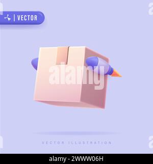 3D Realistic Delivery Box Vector Illustration. Fast Delivery Concept. Fast delivery logo template design with a flying box by rocket. Speed Box Icon L Stock Vector