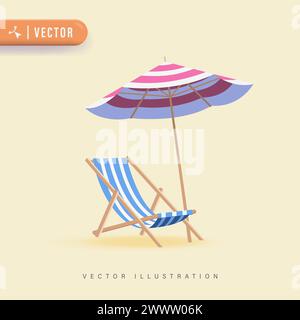 3D Realistic vector vacation icon beach sunbed with umbrella, wooden deck chair. Summertime relax. Sun lounger. Beach umbrella, beach chair. Stock Vector