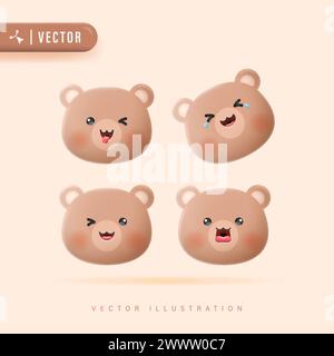 3D Realistic Bear Face Emotions Set with Various Facial Expression Vector Illustration. Cute Bear Character Design. Vector Set Of Cute Cartoon Bear Ic Stock Vector