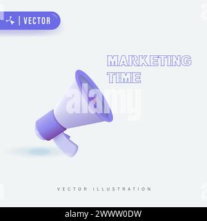 Marketing Time Concept with Purple Megaphone Vector Illustration. Loudspeaker for Digital Marketing Design Stock Vector