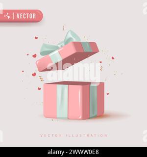3D Realistic Pink Pastel Gift Box with Shiny Blue Ribbon Bow Vector Illustration. Opened Gift Box with Confetti Isolated Background Stock Vector