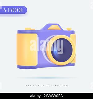 3D Realistic Photo Camera with Lens and Button Vector  Illustration. Photo Camera Cartoon Minimal Style. Volumetric Camera in Isolated Background Stock Vector