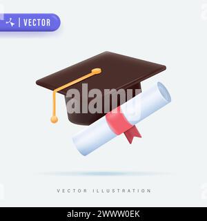 3D Realistic Graduation Hat and Diploma in Isolated White Background Vector Illustration. Graduation Logo Template Design Elements. Element for degree Stock Vector