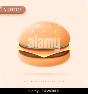3D Realistic Burger Vector Illustration for Poster Banner Template. Fast Food Design Element on Pastel Background. Stock Vector