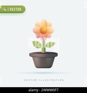 3D Realistic Single Flower in Pot Vector Illustration. Gardening concept. 3d vector icon. Cartoon minimal style. Stock Vector