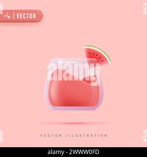 3D Realistic Watermelon Juice in Small Transparent Glass.Vector illustration of Beverage Watermelon Cocktail Stock Vector