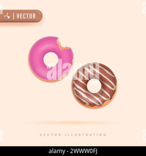 3D Realistic Donut with Strawberry and Chocolate Glaze Vector Illustration. View from above Stock Vector
