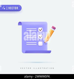 3D Realistic Checklist on  Clipboard Paper and Pencil Vector Illustration. Successful Completion of Business Tasks. Checklist Icon and Logo. Design. P Stock Vector