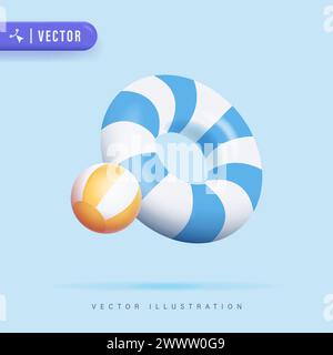 3D Realistic Stripes Lifebuoy and Beach Ball Vector Illustration. Lifebuoy Icon in Isolated Background. Swimming ring Stock Vector