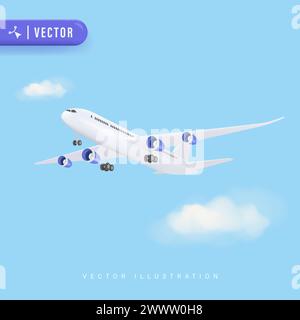 3D Realistic Detailed concept of aircraft Vector Illustration. Flying Airplane for Travelling Design. Commercial Jet Airplane Take Off. Stock Vector