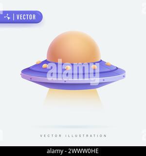 UFO 3d vector illustration isolated, flying UFO with yellow and purple color Stock Vector