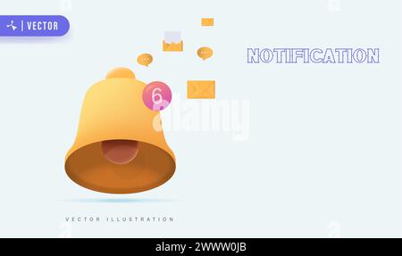 3D Notification Concept with Bell Notification and Messages Vector Ilustration. Stock Vector