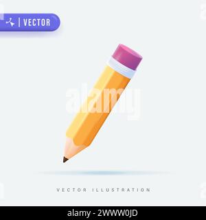 Yellow 3D Realistic Pencil. Volumetric wooden object for writing and drawing. Vector short yellow pencil, Realistic pencil isolated cartoon with rubbe Stock Vector