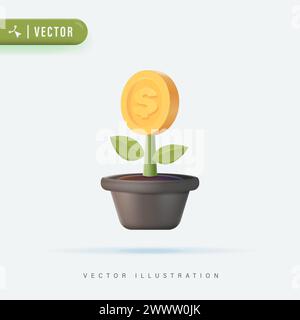 3D Realistic USD Coin in Pot Vector Illustration. Money Tree Concept. money grow coin leaf growth investment sprout flower logo vector icon illustrati Stock Vector