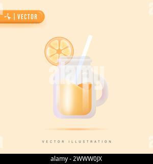 3D Realistic Orange Juice Concept in Transparent Mug. Vector illustration of Beverage Citrus Fruit Stock Vector