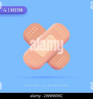 3D Realistic Medical Plaster Vector Illustration. Wound Plasterer or Pandaged Patch Isolated on Blue Background Design. Adhesive Bandage Elastic Medic Stock Vector